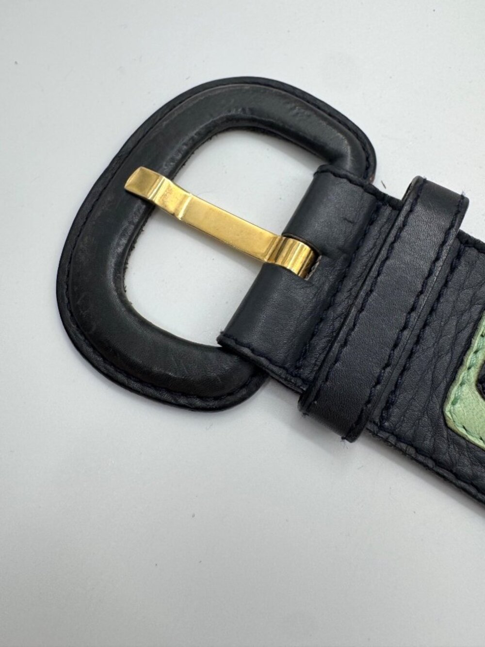 Vintage Escada Belt West Germany Navy/Green Gold Medallion Leather Belt EU 38 /S - Picture 4 of 12